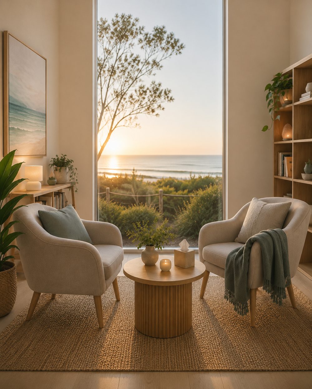A warm therapy room at sunset — two armchairs facing each other, a small wooden table with a candle and tissues, looking out through tall windows toward the ocean