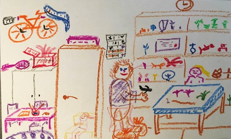 A child's crayon drawing of a therapy room — bookshelves of figurines, a sand tray, a craft table, a clock and a bicycle